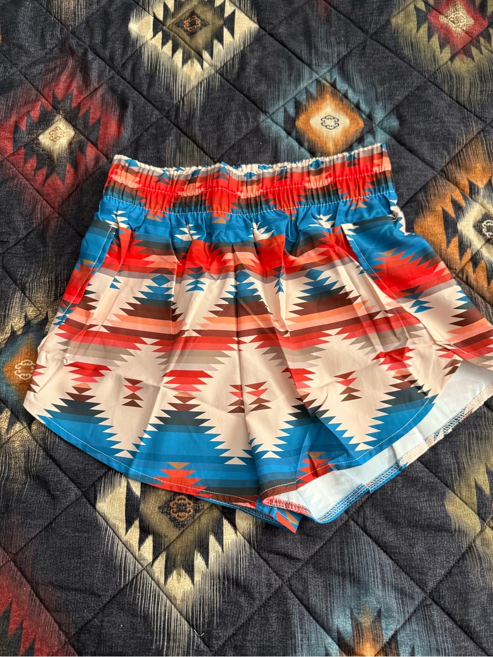 Aztec-Print Athletic Shorts in Blue & Red - Womens Elastic Waist